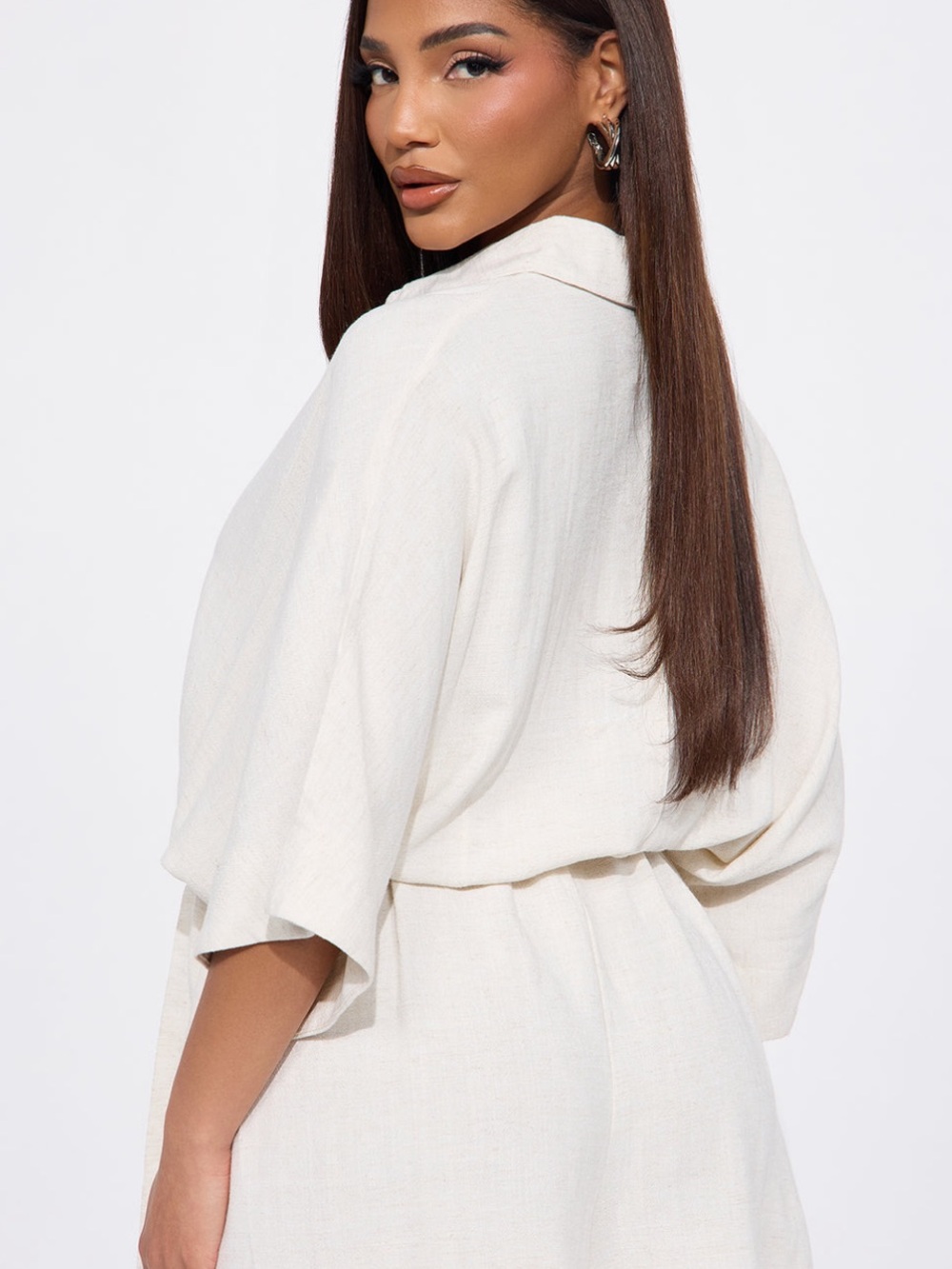 Fashion Nova cream ivory tan Linen Button-Front Romper - Picture 3 of 4